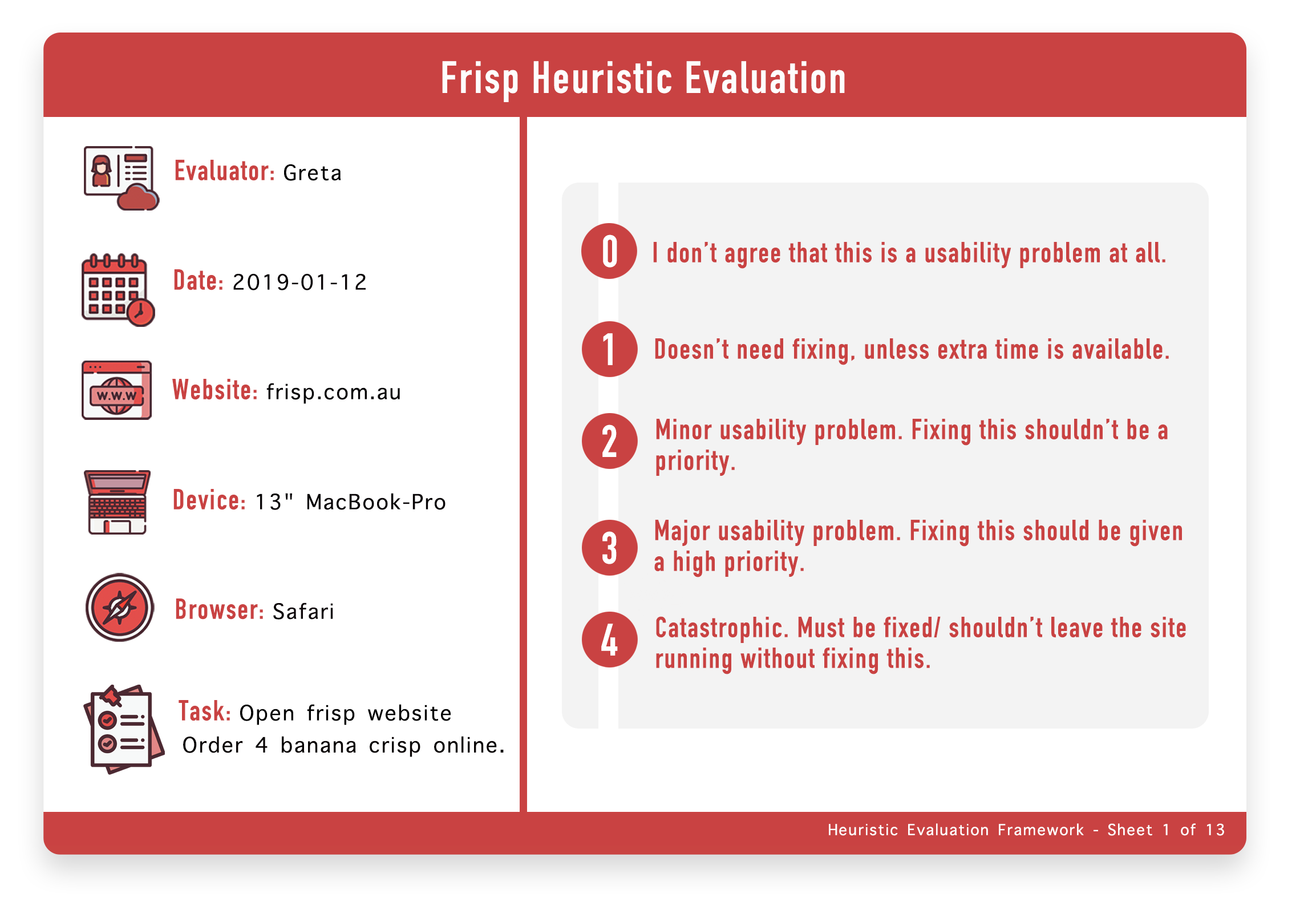 First sheet of the heuristic evaluation with grading criteria