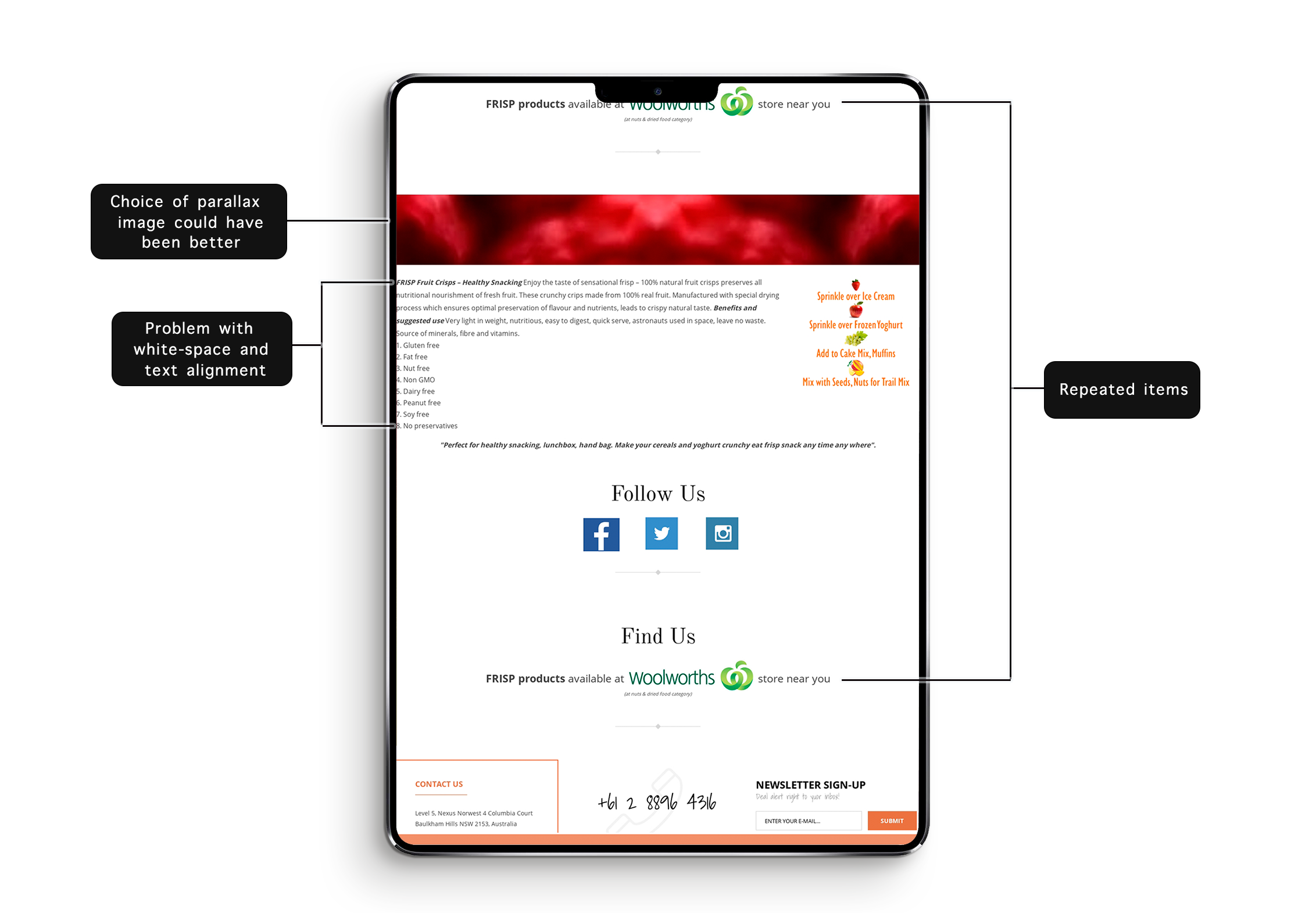 Annotated screenshot marking design flaws in the content section and footer